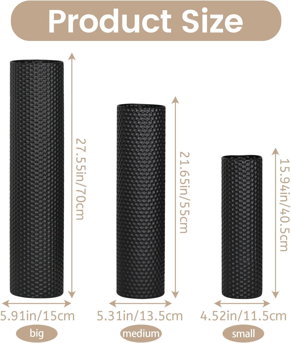 Dnnnii Tall Floor Vases Set of 3 - Black Metal Cylinder Vases for Living Room Corner, Modern Honeycomb Texture, Extra Large Standing Decor (Tallest 27.6in, Home Bedroom Dining Decor)