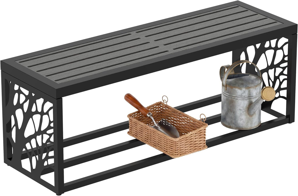 47" Outdoor Garden Bench with Storage Shelf, Modern Black Entryway Bench, Wood-Grain HDPE Seat, Galvanized Steel Frame with Powder Coating for Porch, Yard, Patio, Tree
