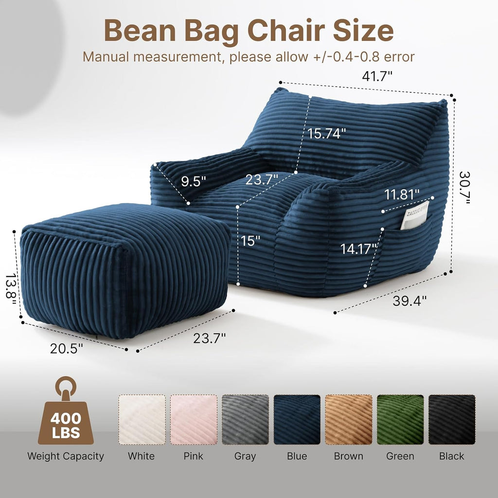 Oversized Bean Bag Chair with Ottoman, Bean Bag Couch with 2 Side Pockets, Corduroy Boneless Couch Chair in a Box, Comfy Lounge Chair for Living Room, Bedroom, Dorm, Blue
