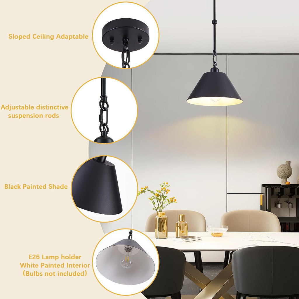 11 Inch Black Pendant Lights Kitchen Island, Modern Farmhouse Light Fixtures with Cone Shade, Adjustable Vintage Industrial Pendant Light for Foyer Hallway Bedroom Dining Room Bar Barn