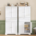 ChooChoo 51" H Tall Bathroom Floor Cabinet, Modern Bathroom Storage Cabinet with Drawer and Adjustable Shelves, Freestanding Kitchen Pantry Cupboard with 4 Doors for Living Room, White