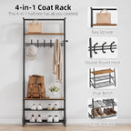 Coat Rack Shoe Bench with 5 Hooks, Entryway Hall Trees with Storage, Multifunctional Hallway Organizer, Wood Look Accent Furniture with Metal Frame, 4-in-1 Hall Trees Shoe Bench (1 Row-5 Hooks)