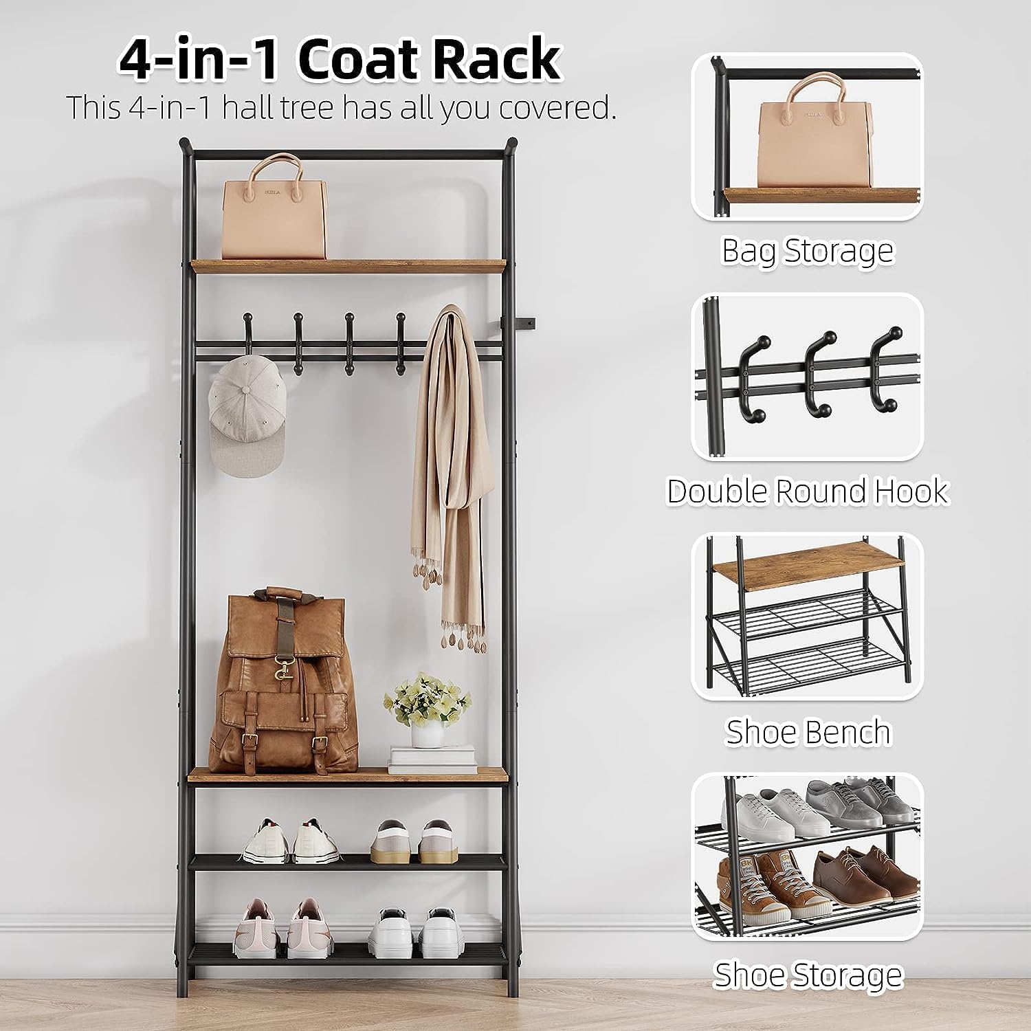 Coat Rack Shoe Bench with 5 Hooks, Entryway Hall Trees with Storage, Multifunctional Hallway Organizer, Wood Look Accent Furniture with Metal Frame, 4-in-1 Hall Trees Shoe Bench (1 Row-5 Hooks)