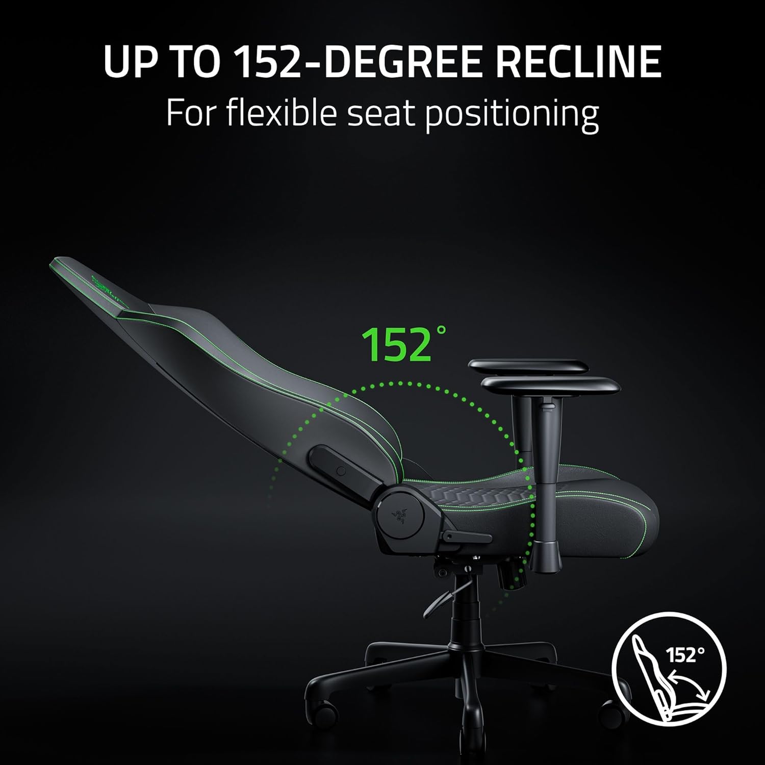 Razer Iskur V2 X NewGen Ergonomic Gaming Chair — Built-in Lumbar Support, Cooltouch Gen-2 EPU Leather, Ultra-Wide Seat Base, Adjustable 152 Degree Recline, Foam Cushions — Black/Green