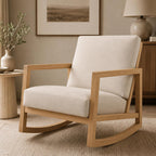 Solid Wood Rocking Chair, Upholstered Nursery Rocker with Removable Washable Cushion and Back Pillow, Comfy Armchair for Living Room, Bedroom, Reading Nook and Baby Feeding, Beige