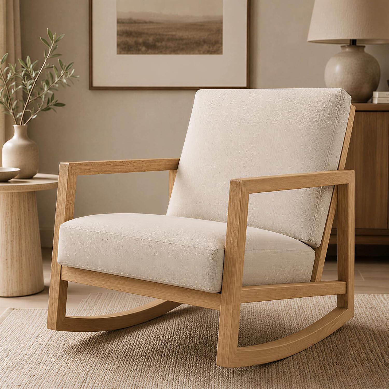 Solid Wood Rocking Chair, Upholstered Nursery Rocker with Removable Washable Cushion and Back Pillow, Comfy Armchair for Living Room, Bedroom, Reading Nook and Baby Feeding, Beige
