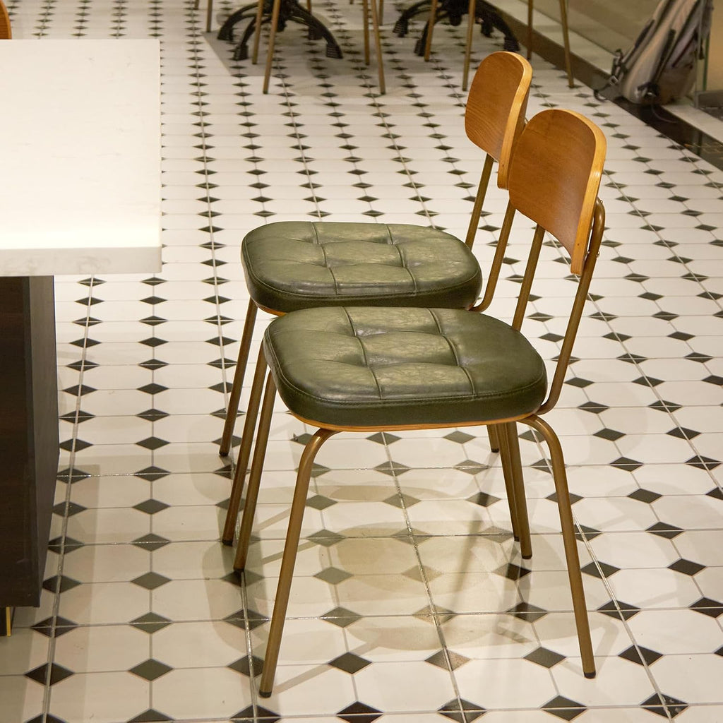 Mid Century Modern Dining Chairs Set of 6, Retro Chair with Faux Leather Upholstered Seat & Solid Wood Backrests & Vintage Distressing Metal Legs & Leg Protectors for Kitchen Dining Room (Dark Green)