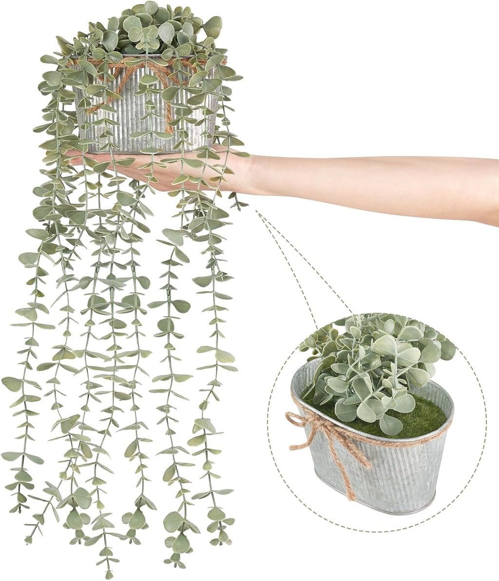 Mkono Fake Hanging Plants in Farmhouse Galvanized Pots Rustic Faux Potted Eucalyptus Greenery Indoor Artificial Plants for Book Shelf Mantel Living Room Bathroom Bedroom Home Office Decor (2, Grey)