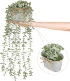 Mkono Fake Hanging Plants in Farmhouse Galvanized Pots Rustic Faux Potted Eucalyptus Greenery Indoor Artificial Plants for Book Shelf Mantel Living Room Bathroom Bedroom Home Office Decor (2, Grey)