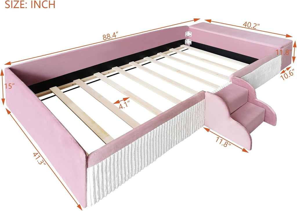 Twin Size Velvet Upholstered Floor Daybed with Stairs, Gas Lift Storage Ottoman and Padded Guardrails for Kids (Pink+White, Twin)
