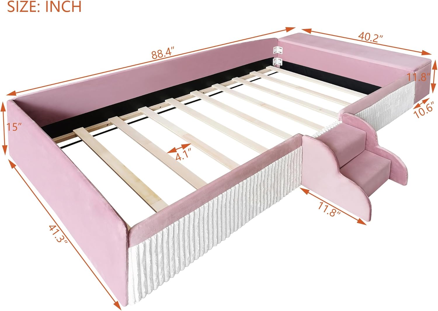 Twin Size Velvet Upholstered Floor Daybed with Stairs, Gas Lift Storage Ottoman and Padded Guardrails for Kids (Pink+White, Twin)