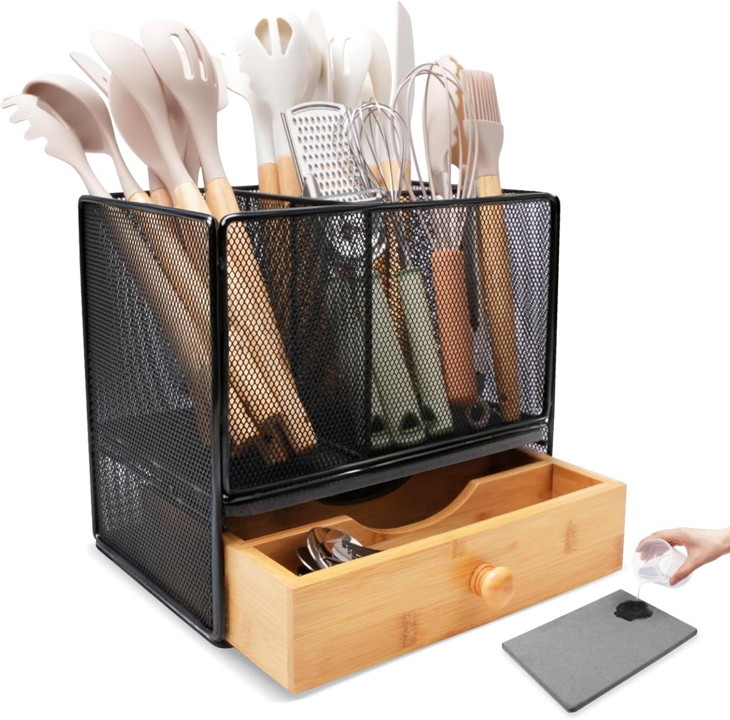 Kitchen Utensil Holder Countertop, Extra Large Utensil Organizer with Drawer, 2 Tier Utensil & Silverware Holder for Counter, Countertop Organizer for Cooking Utensil Cutlery, Quick Dry Diatomite Base