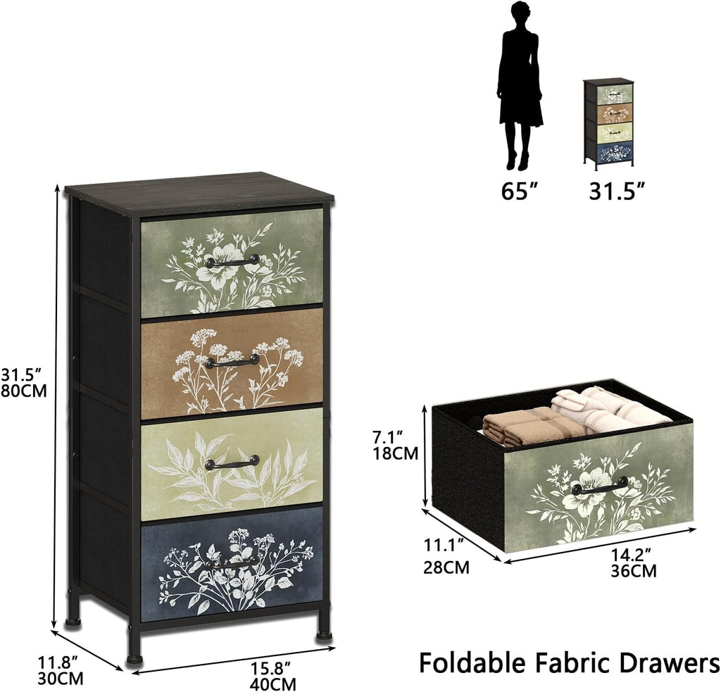 Tohomeor Vintage Floral Narrow 4 Drawers Dresser Nightstand Side Table | Retro Boho Dresser Fabric Drawers for Closet Living Room Bedroom Dorm Convenient Storage Organizer Botanical