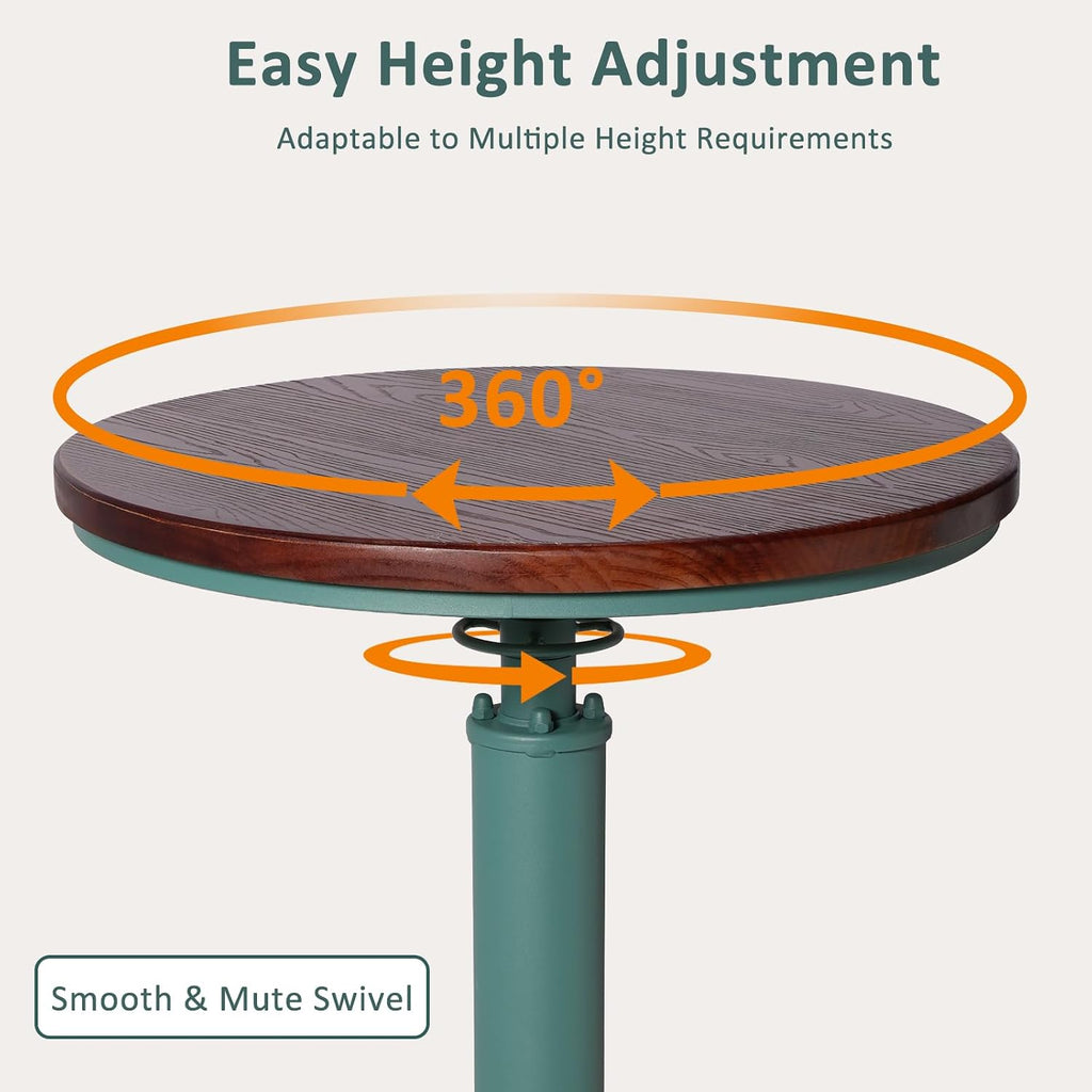 Industrial Bar Table with Round Solid Pine Wood Top, Adjustable Height 38.6-42.5in, Fire Hydrant Design, 360° Swivel, Green