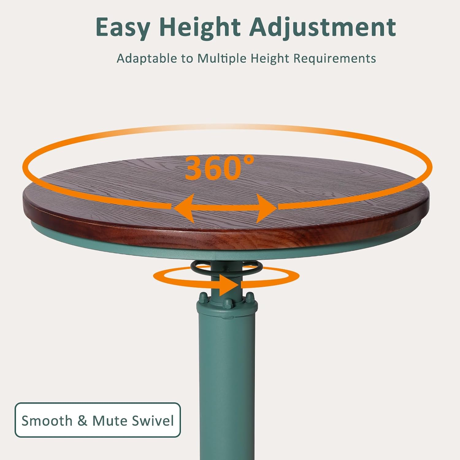 Industrial Bar Table with Round Solid Pine Wood Top, Adjustable Height 38.6-42.5in, Fire Hydrant Design, 360° Swivel, Green