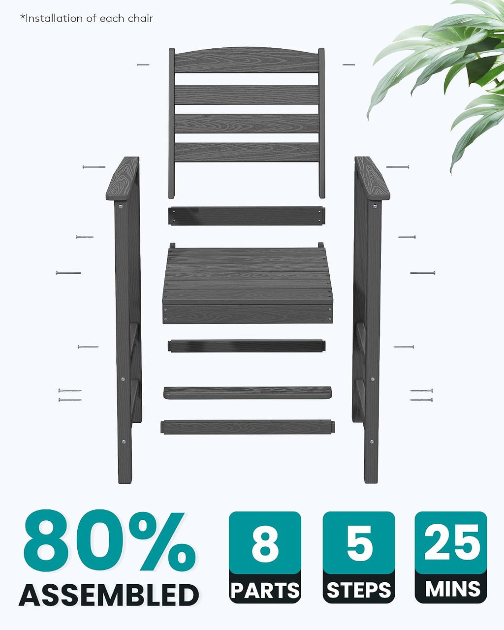 SERWALL Tall Adirondack Chairs Set of 2, Oversize Balcony Adirondack Chairs Set, Outdoor Bar Height Barstools Widened Chair Set for Bistro, Poolside, Garden, Gray