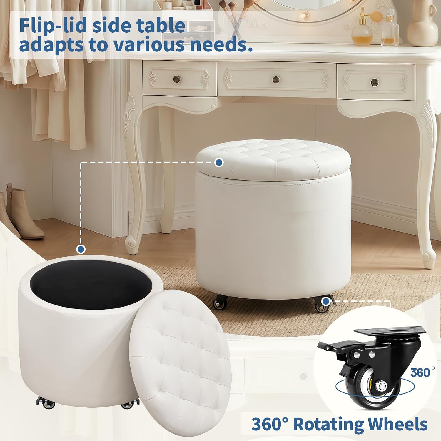Furniliving Upholstered Button Tufted Round Ottoman with Wheels, PU Storage Ottoman Round, Removable Lid Convenient Footstools, Classic Ottoman with Storage for Vanity, Nursery Room, IvoryWhite
