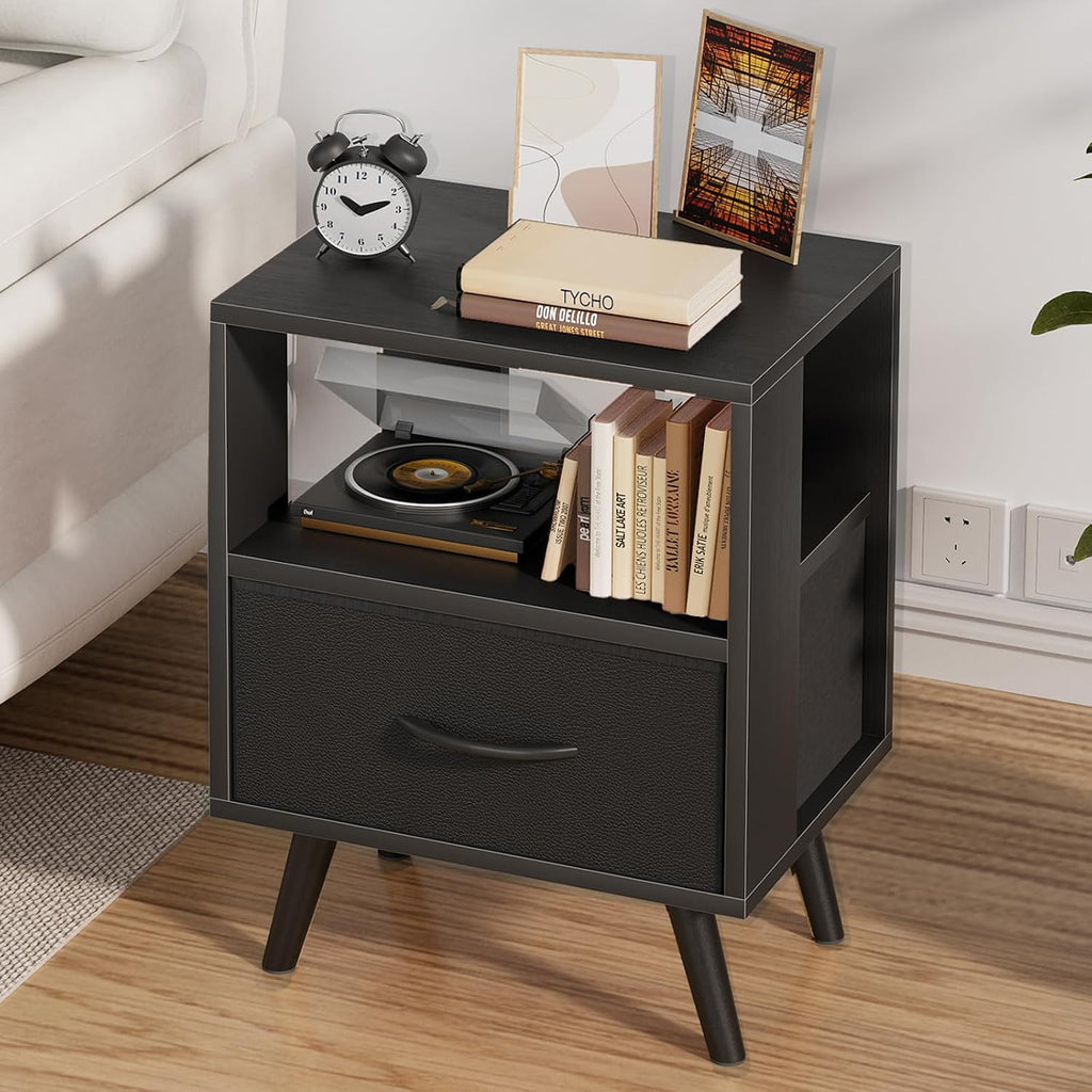 Aenuert Night Stand, Black Nightstand with Drawer, Side Table with Open Storage, 2-Tier Modern End Table, Bedside Table for Small Space, Living Room, Bedroom
