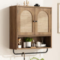 RUSTOWN Rattan Bathroom Wall Cabinet, Boho Medicine Cabinet with 2 Arched Doors, Farmhouse Over the Toilet Storage Cabinets with Adjustable Shelves & Towel Bar, 3-Tier Wall Mounted Cabinets
