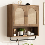 RUSTOWN Rattan Bathroom Wall Cabinet, Boho Medicine Cabinet with 2 Arched Doors, Farmhouse Over the Toilet Storage Cabinets with Adjustable Shelves & Towel Bar, 3-Tier Wall Mounted Cabinets
