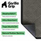 GORILLA GRIP 100% Waterproof All-Season WeatherMAX Doormat US Designed Natural Rubber, Stain Fade Resistant, Low Profile Indoor Outdoor Door Mats, Easy Clean, 29x17 Gray Diamond