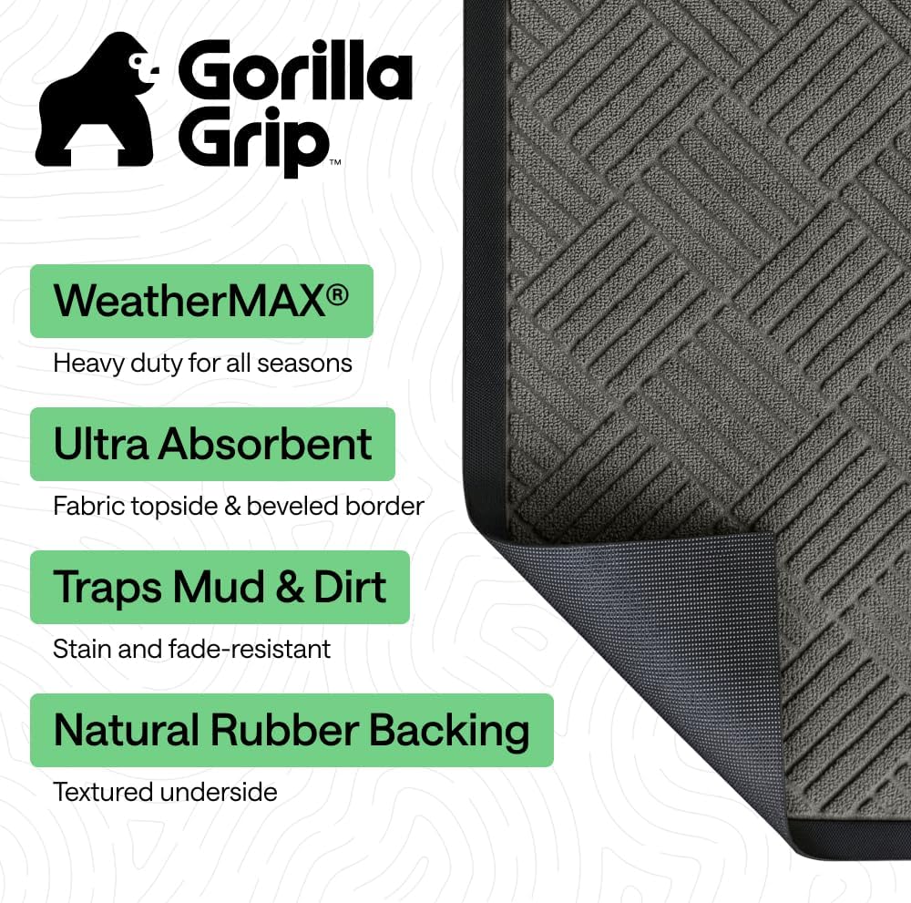 GORILLA GRIP 100% Waterproof All-Season WeatherMAX Doormat US Designed Natural Rubber, Stain Fade Resistant, Low Profile Indoor Outdoor Door Mats, Easy Clean, 29x17 Gray Diamond