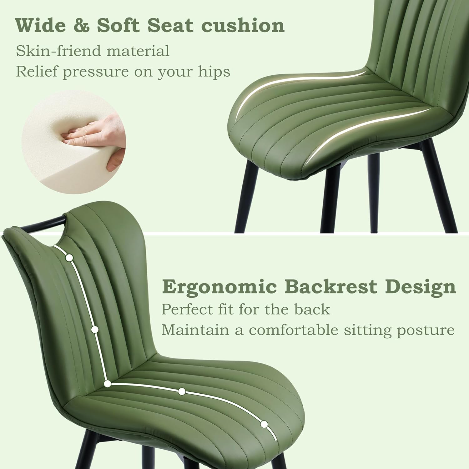 Leather Upholstered Dining Chairs Set of 2, Mid-Century Modern Kitchen Dining Room Chairs with Black Metal Legs, Armless Faux Leather Accent Dinner Chairs Kitchen Side Chairs, Green