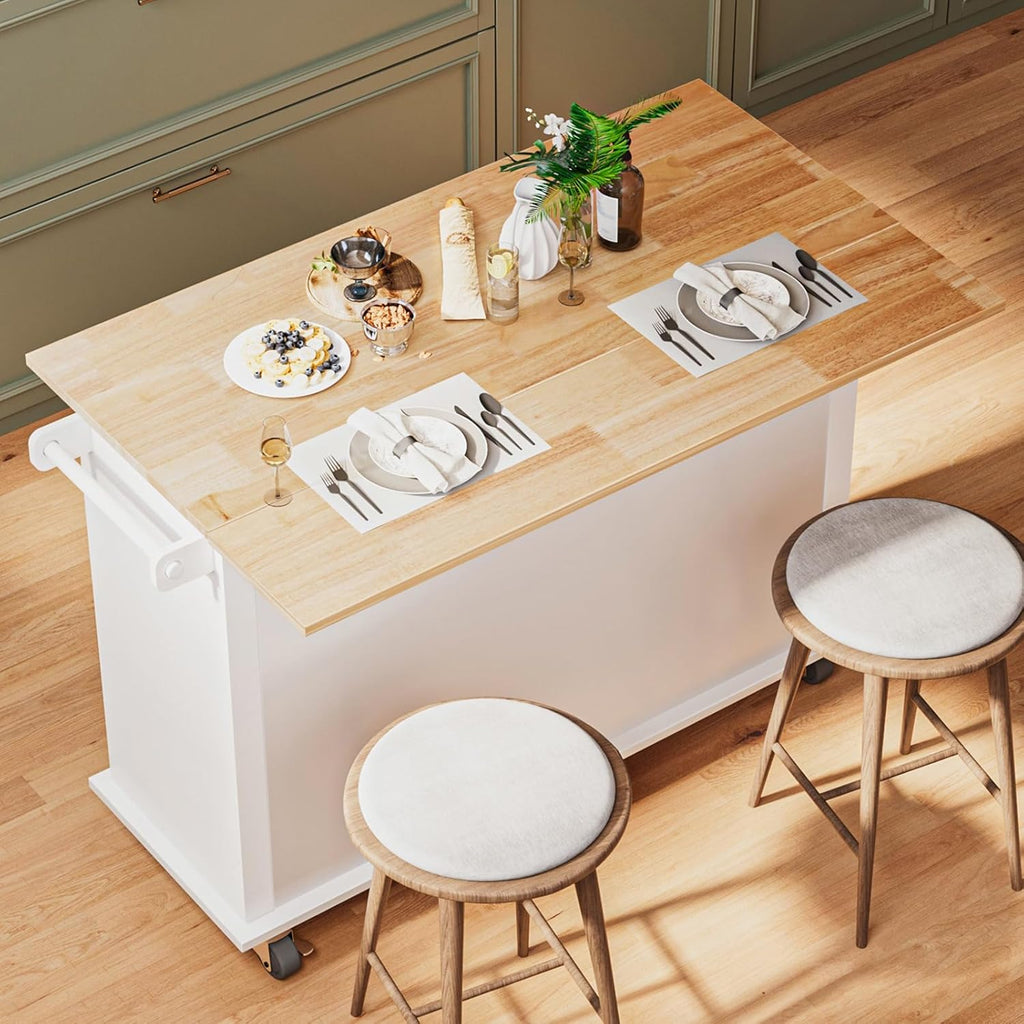 JassmiPkwy 51.2'' Rolling Kitchen Island with Drop Leaf - Kitchen Carts on Wheels with Storage, Towel Rack, Drawers Island Table for Kitchen, Dining Room, White