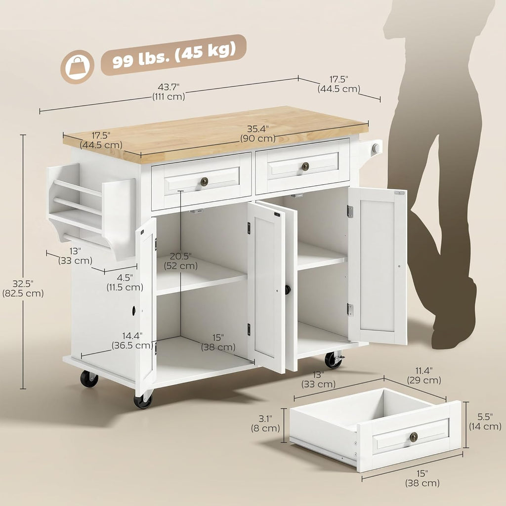 HOMCOM Kitchen Island Cart with Solid Wood Top, 44" Mobile Kitchen Island Table on Wheels with Storage Cabinets, 2 Drawers, Adjustable Shelves, Spice Rack & Towel Bar for Dining Room, White