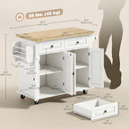 HOMCOM Kitchen Island Cart with Solid Wood Top, 44" Mobile Kitchen Island Table on Wheels with Storage Cabinets, 2 Drawers, Adjustable Shelves, Spice Rack & Towel Bar for Dining Room, White
