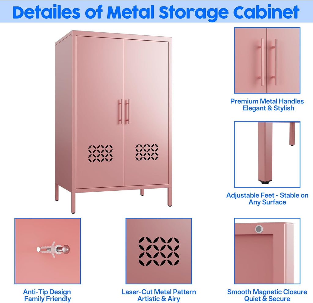 42" H Pink Metal Cabinet with 2 Adjustable Shelves, Metal Coffee Bar & Buffet Sideboard Cabinet with 2 Doors for Home,Dining Room, Kitchen,Assembly Required
