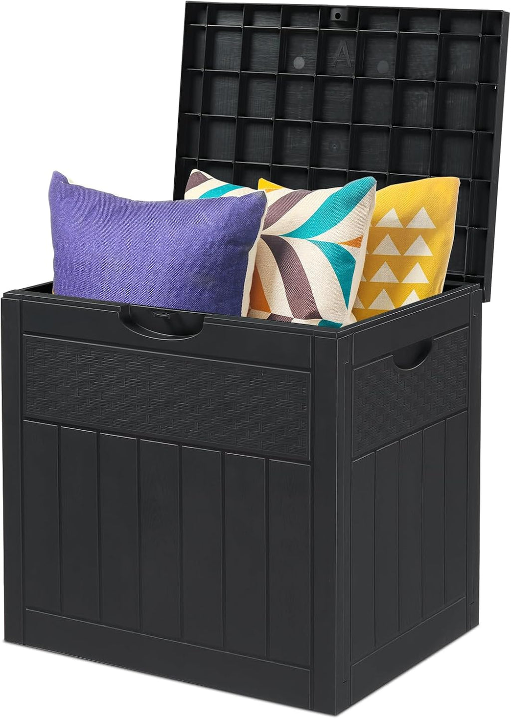 Dark Gray 33 Gal Wood & Rattan Plastic Storage Bench, Outdoor Deck Box, Patio Storage Box for Garden Cushions Tools, Garden Tool Storage Pool Accessory Holder Cushions Lid Side Table Function