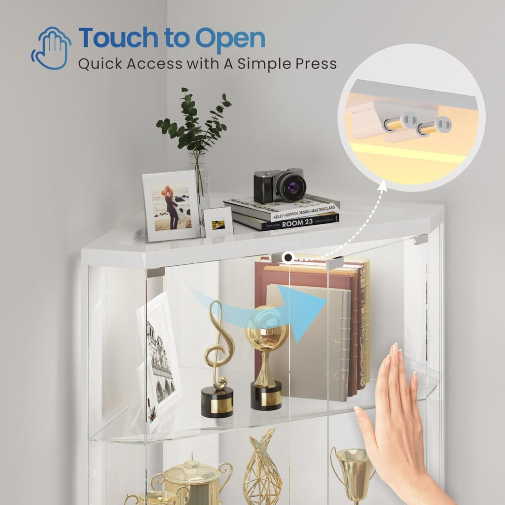 HNEBC Corner Display Case with - RGB Lights and Glass Shelves,5-Tier Corner Curio Cabinet with Glass Doors & Human Body Sensor,69" Showcase Display Cabinet for Collectibles,Living Room(White)