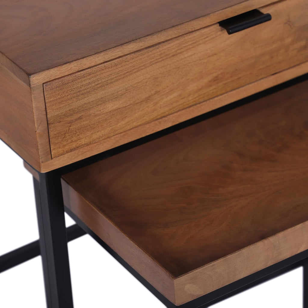 Casartis Living Atelier Nesting Side Table Set of 2 in Honey, Solid Mango Wood with Powder-Coated Iron, Drawer and Tray Top