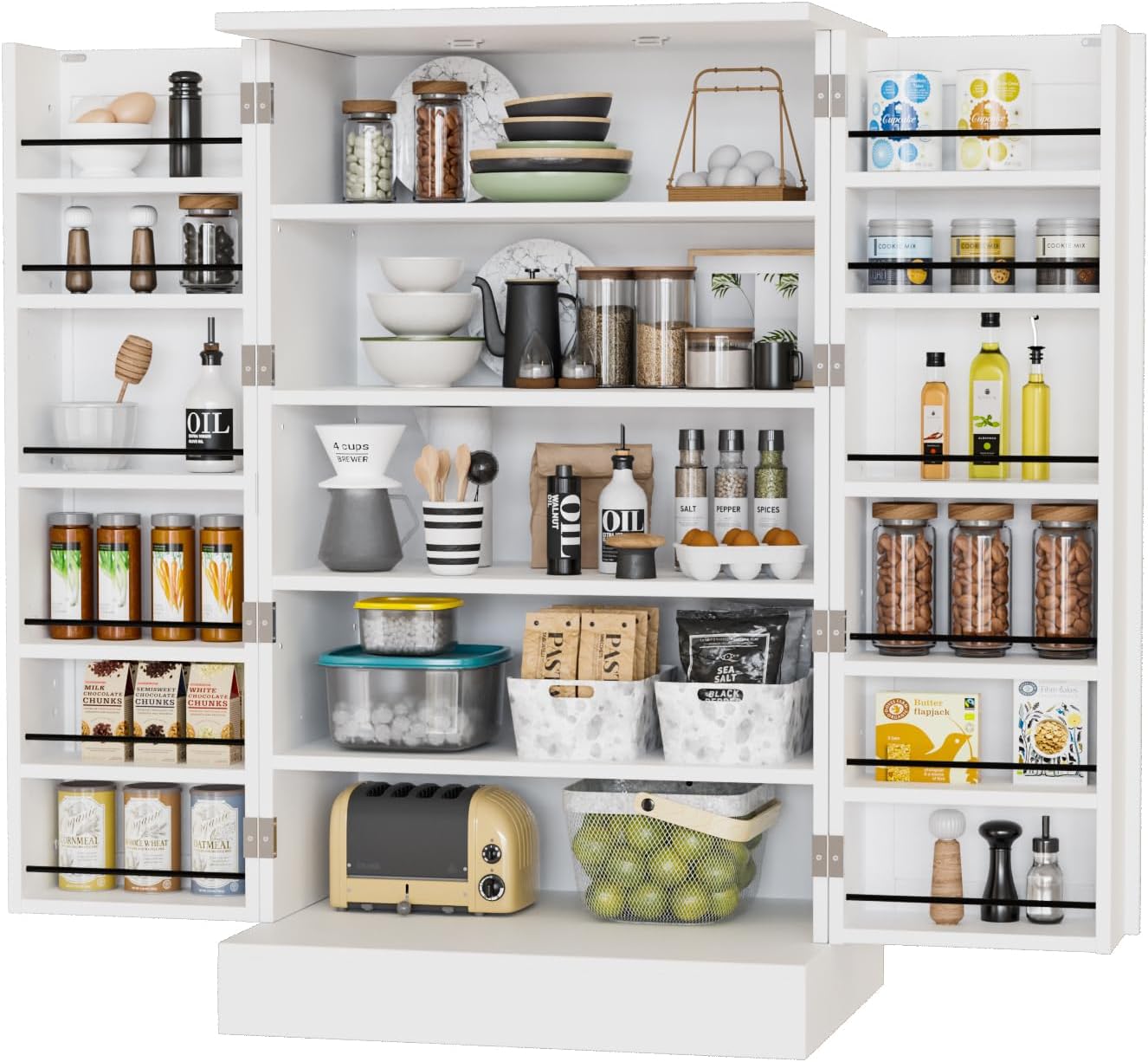 VINGLI Pantry Cabinet, White Kitchen Storage Cabinet with 2 Doors and Adjustable Shelves, 40.5" H Food Storage Freestanding Cupboard for Small Space in Dining Room, Living Room