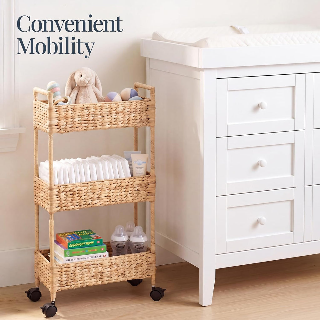 Best Choice Products 3-Tier Slim Water Hyacinth Rolling Nursery Caddy w/Wheels, Handwoven Utility Cart, Narrow Storage Organization for Bathroom, Craft Room, Laundry Room - Natural
