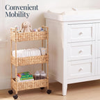 Best Choice Products 3-Tier Slim Water Hyacinth Rolling Nursery Caddy w/Wheels, Handwoven Utility Cart, Narrow Storage Organization for Bathroom, Craft Room, Laundry Room - Natural