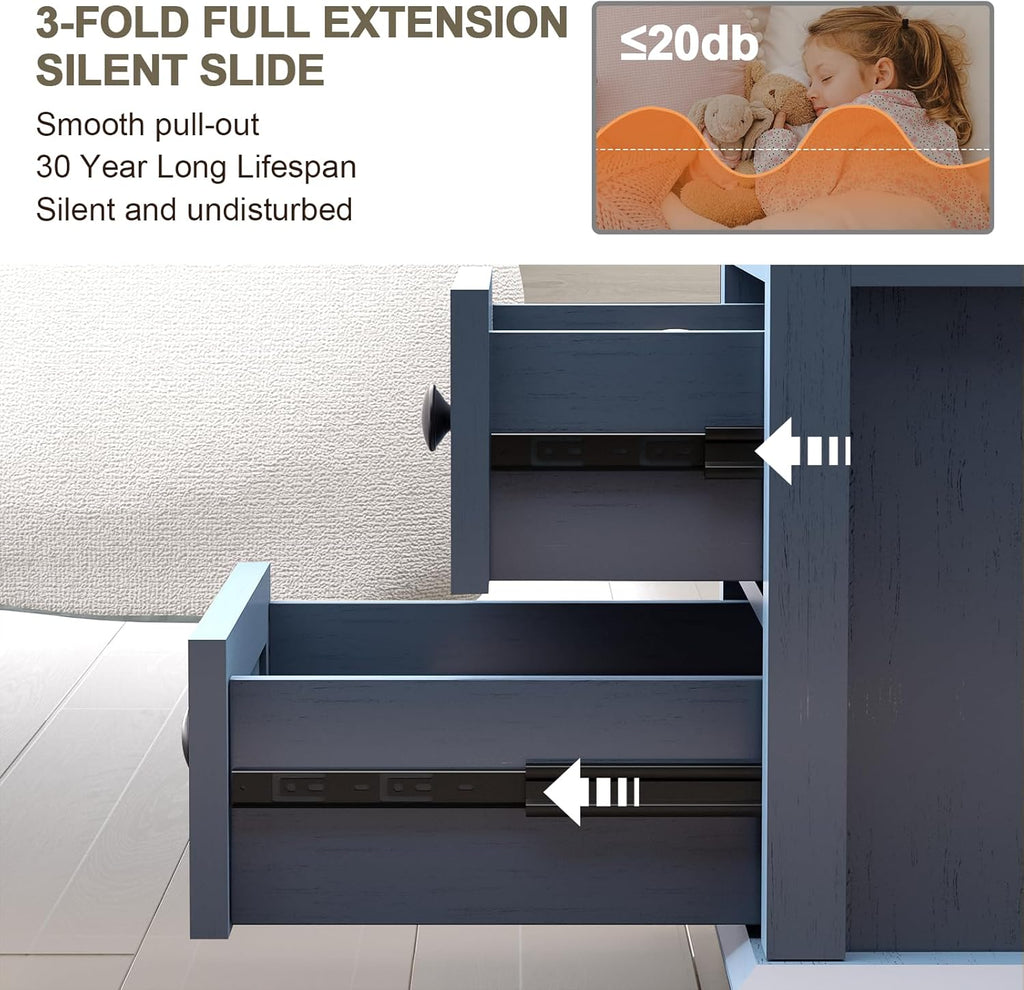 REDAYFUR End Table with Fast USB C Charging Station, 18" Wide Tall Sofa Side Table with 2 Drawers, Large Storage Rustic Wood Square Storage Cabinet for Living Room, Bedroom, Office, Blue
