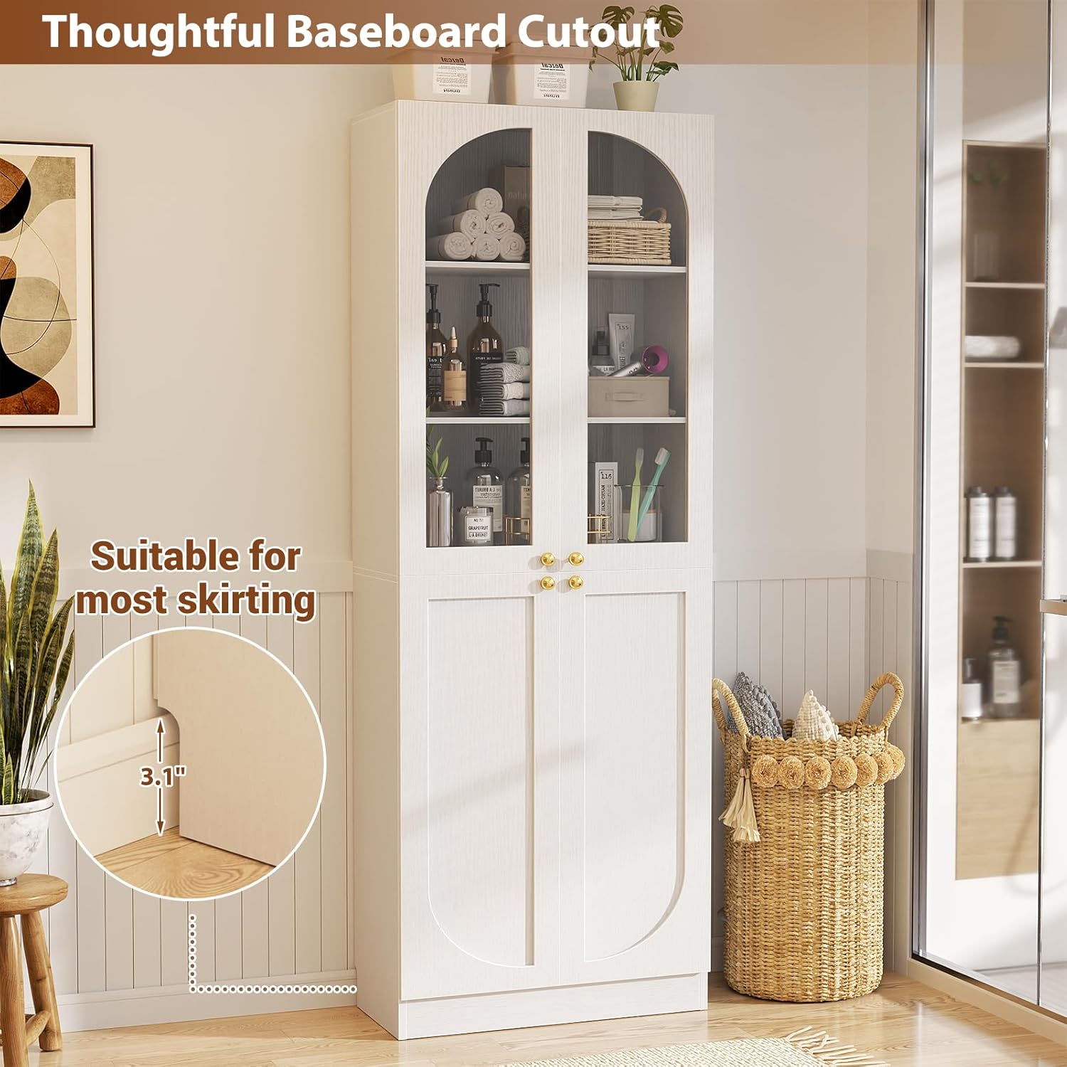 Cyclysio 80" Kitchen Pantry, Tall Arch Storage Cabinet with Tempered Glass & Soft Close Doors, Freestanding Wood Floor Cupboard Bookcase with Seamless Fit Wall for Dining Living Room, Bathroom (White)