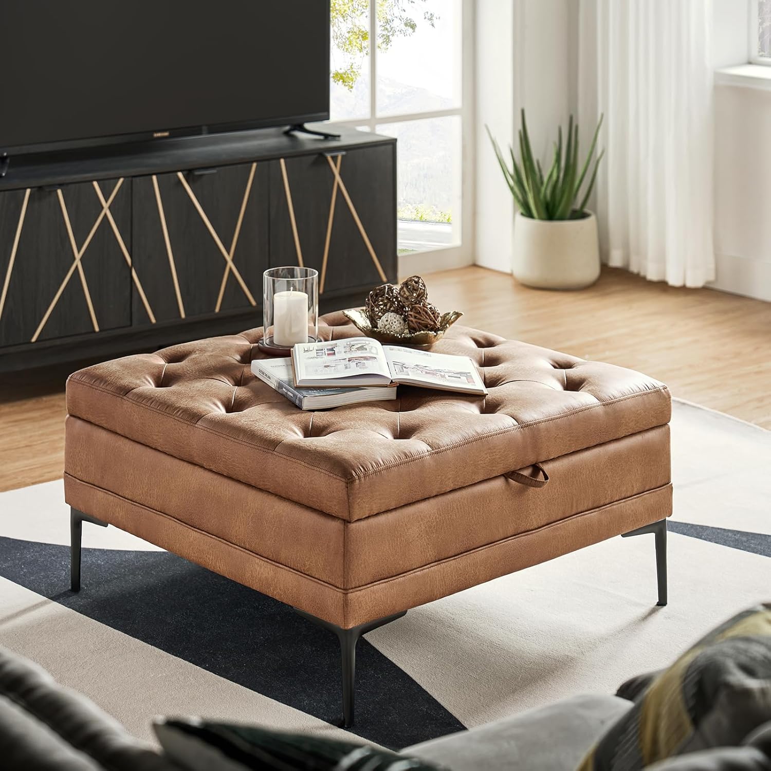 HULALA HOME Faux Leather Coffee Table, 36.5" Square Storage Ottoman with Metal Legs, Button-Tufted Coffee Table with Storage for Living Room, Camel