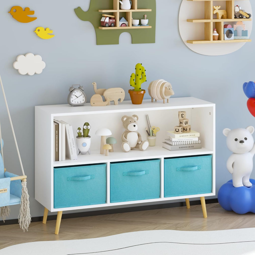 Bookcase with Collapsible Fabric Drawers, Book Display, Toy Storage Cabinet Organizer, White,Blue