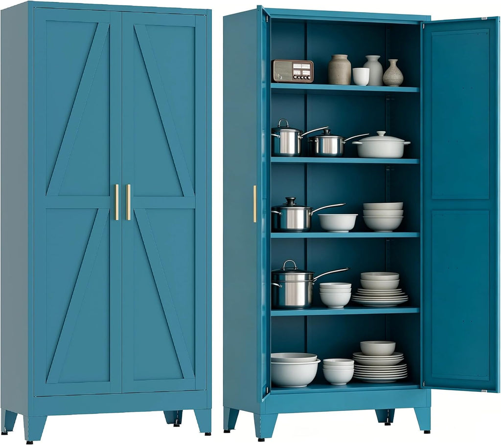 71”H Metal Kitchen Pantry Cabinet, Pantry Cabinets with 2 Doors and 4 Shelves, Kitchen Cabinet for Kitchen, Dining Room, Living Room and Bathroom, Blue