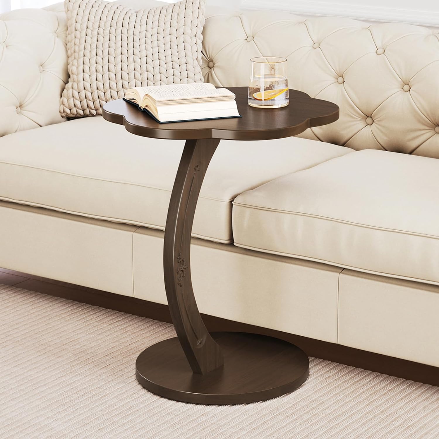 C-Shaped End Table for Couch - Round Small C Side Table, Flower Handmade Wood Sofa Couch Tables That Slide Under Bedside, Saving Space Wooden Tray for Living Room, Small Space, (Dark Walnut)