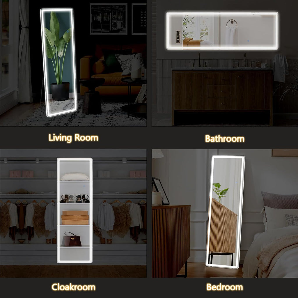 Full Length Mirror with LED Lights, 65x21 Inch Lighted Floor Mirror with Dimmer & 3 Color Modes, Standing Full Body Mirror for Bedroom or Dressing Room, White