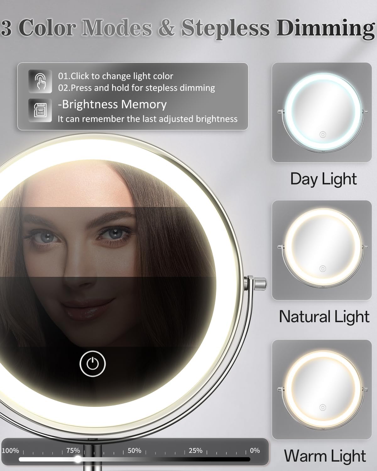 vpu Makeup Mirror with Lights, 1X/30X Lighted Magnifying Mirror Height Adjustable, 3000mAh Rechargeable Double Sided Vanity Mirrors with 3 LED Lighting and Adjustable Brightness for Desk Women Gift