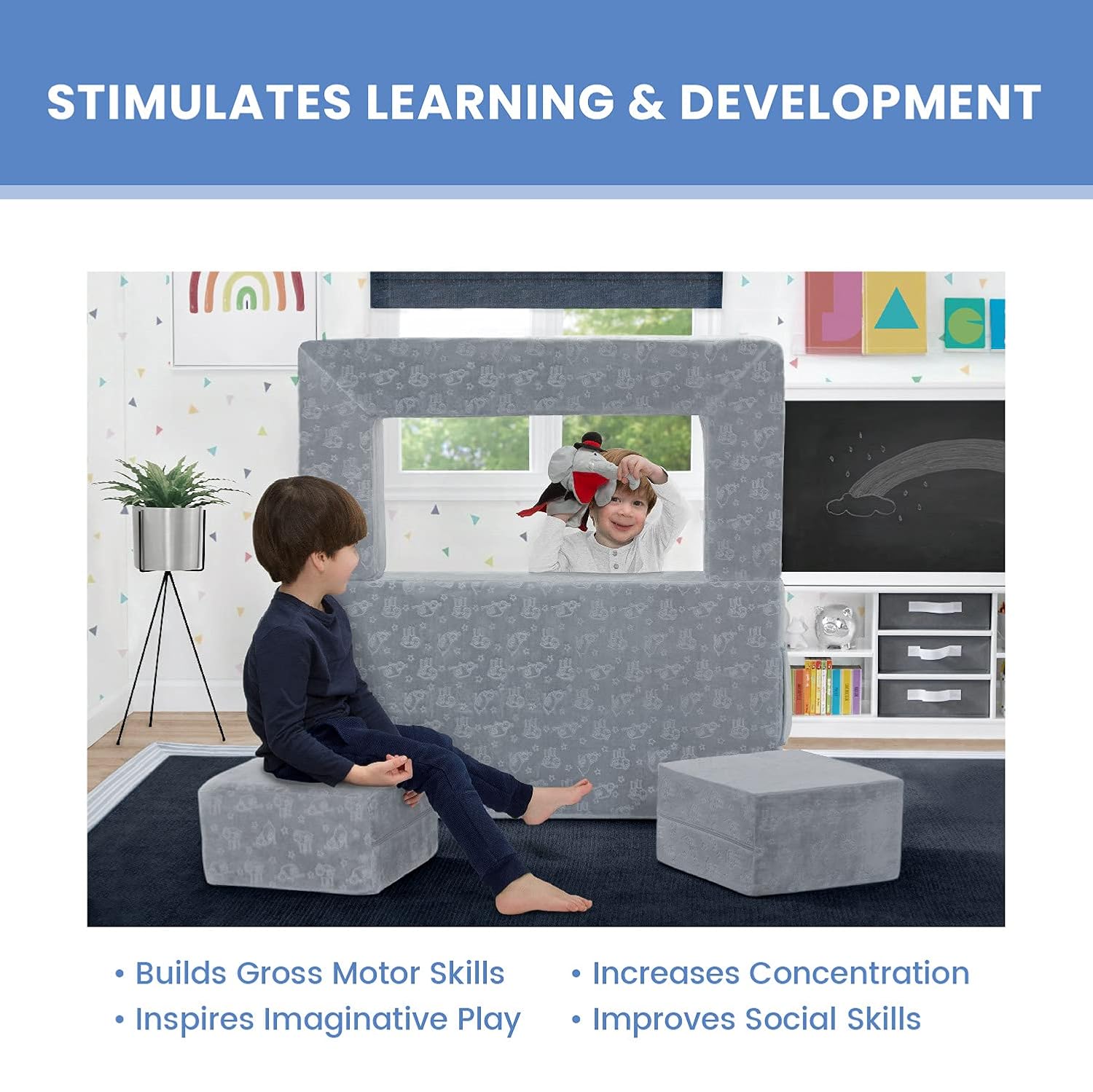 Delta Children Serta Perfect Sleeper Convertible Sofa & Play Set for Kids and Toddlers, Modular Foam Couch and Flip Out Lounger with 2 Ottomans, Grey