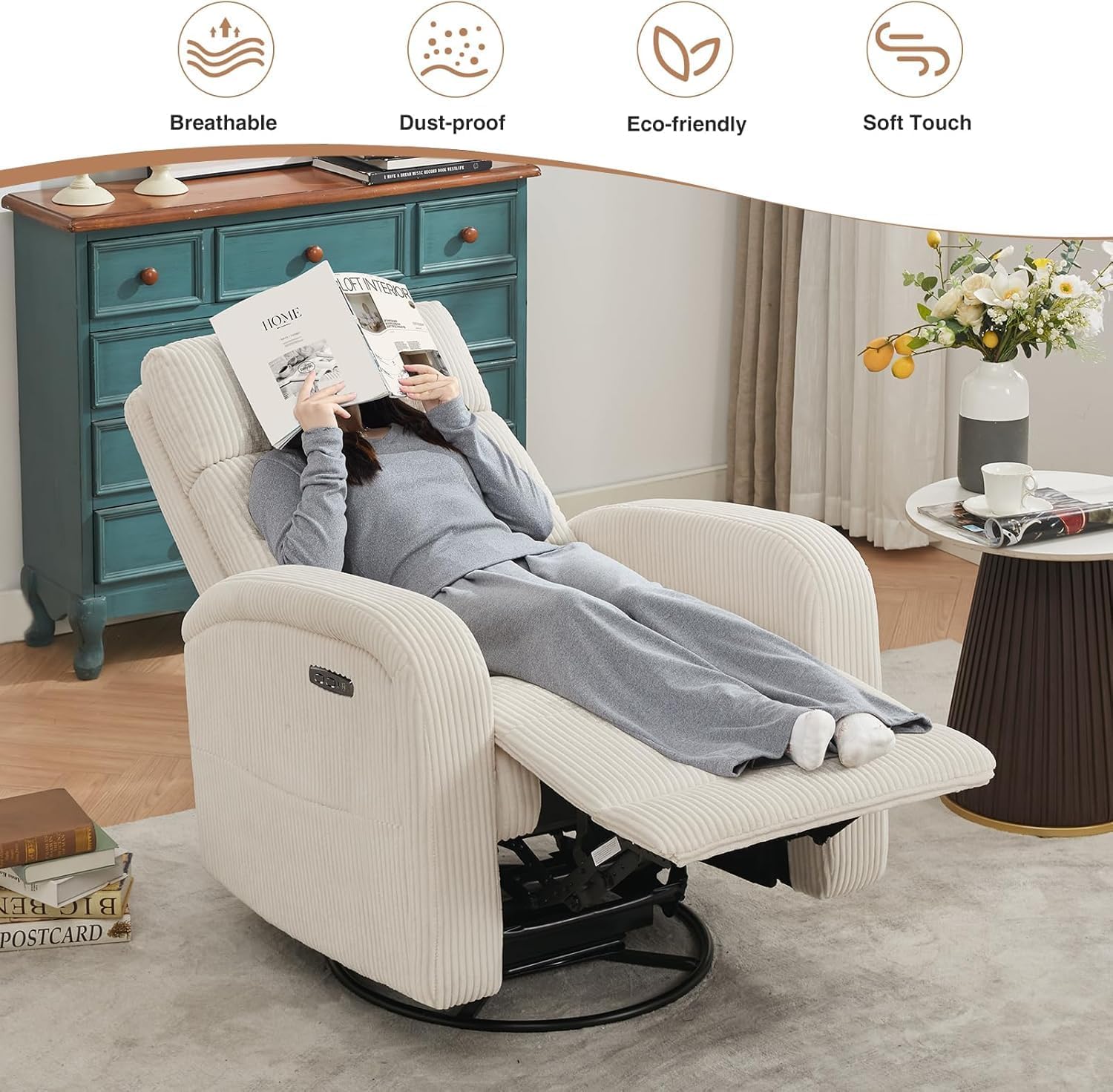Power Swivel Rocker Recliner Chair,Nursery Glider Recliner,Cream White | 270° Swivel Rocker with Type-C & USB Port Double Pockets,Upholstered Glider Recliner Nursery Chair for Living Room Bedroom