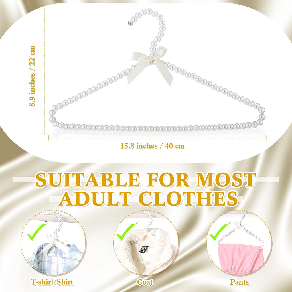 Threan 2 Pcs 16 Inch Pearl Clothes Beaded Clothing Hanger with Ribbon Bowknot Metal Elegant Clothes Standard Hanger for Women Bride Wedding Dress Coat Shirt (White)