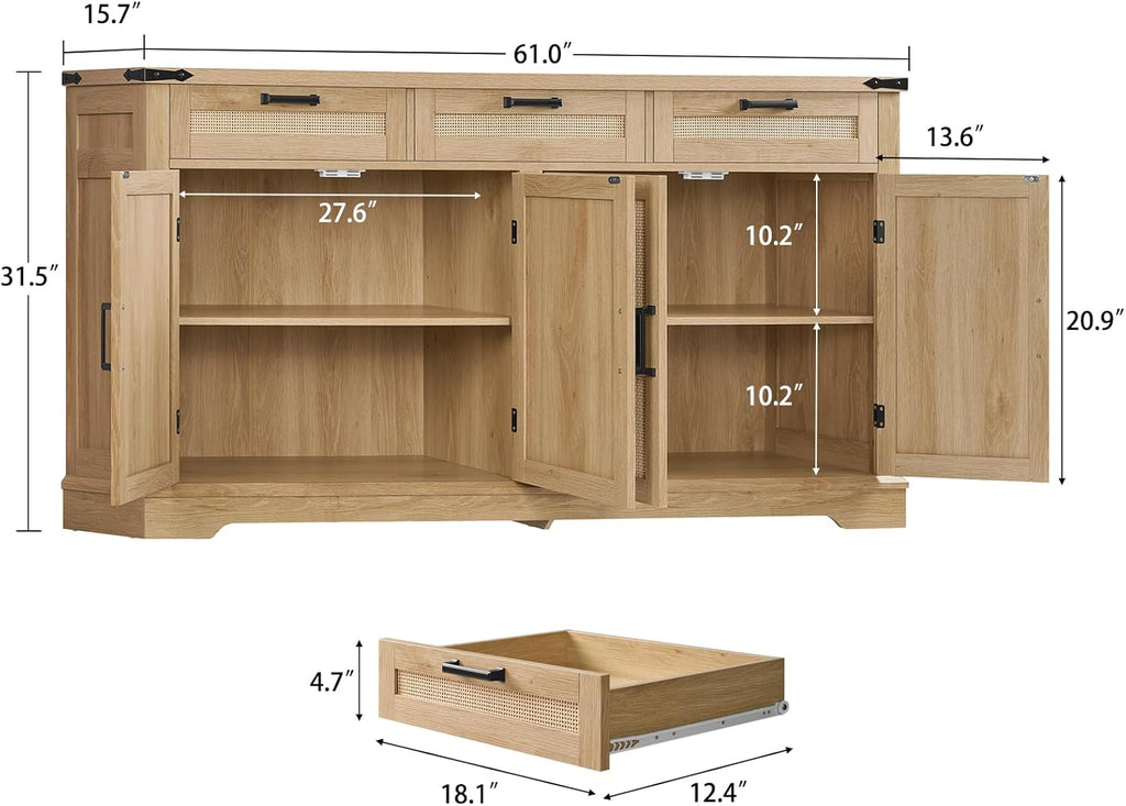 usikey 61” Large Buffet Cabinet with Storage, Sideboard Cabinet with 4 Doors and 3 Drawers, Farmhouse Buffet Table, Dining Room Storage Cabinet for Kitchen or Living Room, Natural