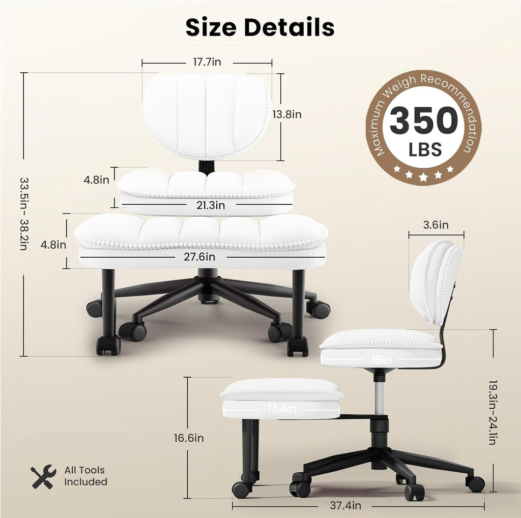 HOMRELEXA Cross Legged Office Chair, Ergonomic Cloud Criss Cross Desk Chair, Meditation Chair with Wheels, Height Adjustable Seat for ADHD, Wide Kneeling Chair with Back Support, Corduroy Fabric,White